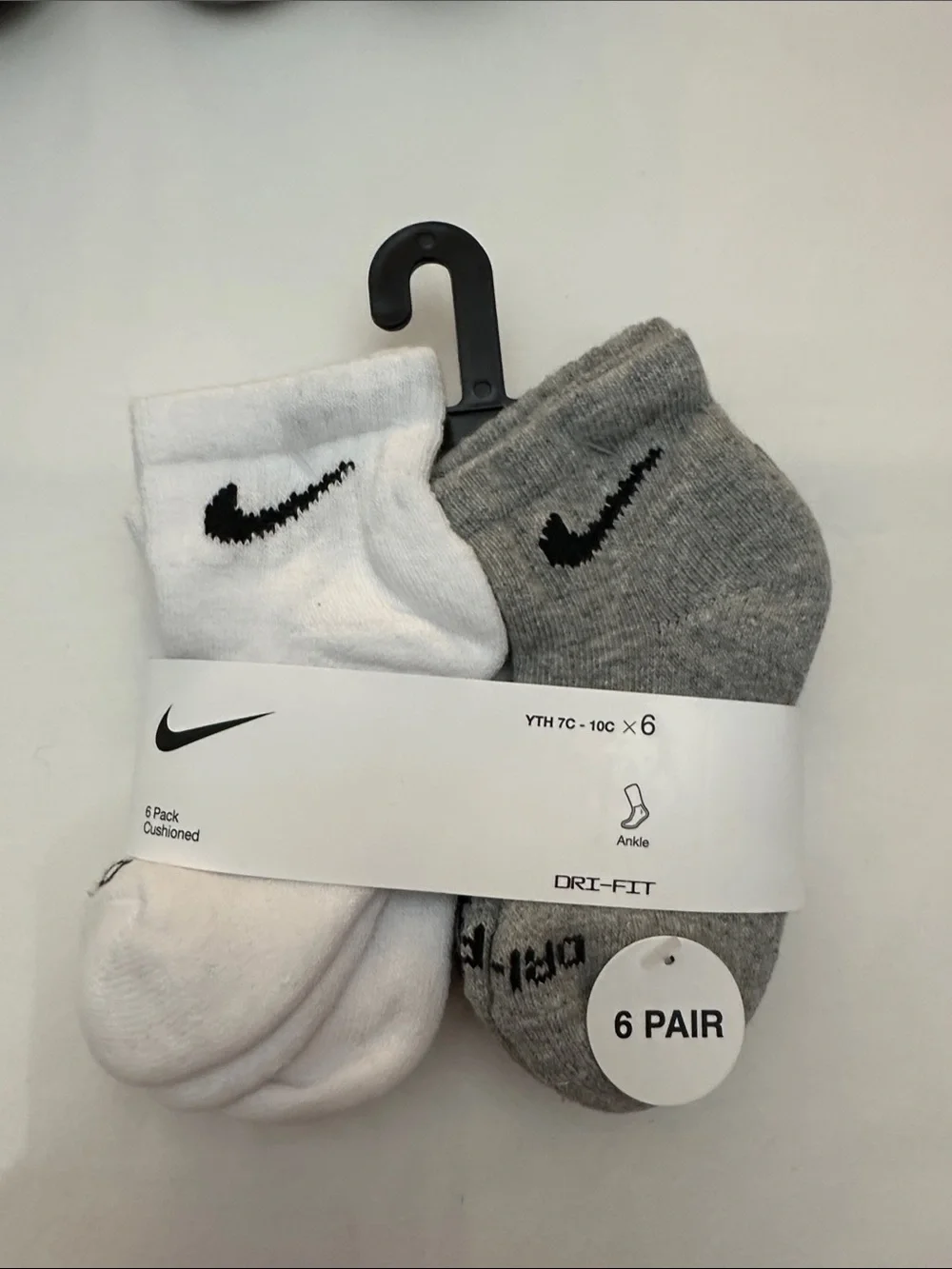 Nike Kids Ankle Socks White & Gray with Black Swoosh (6-Pack)